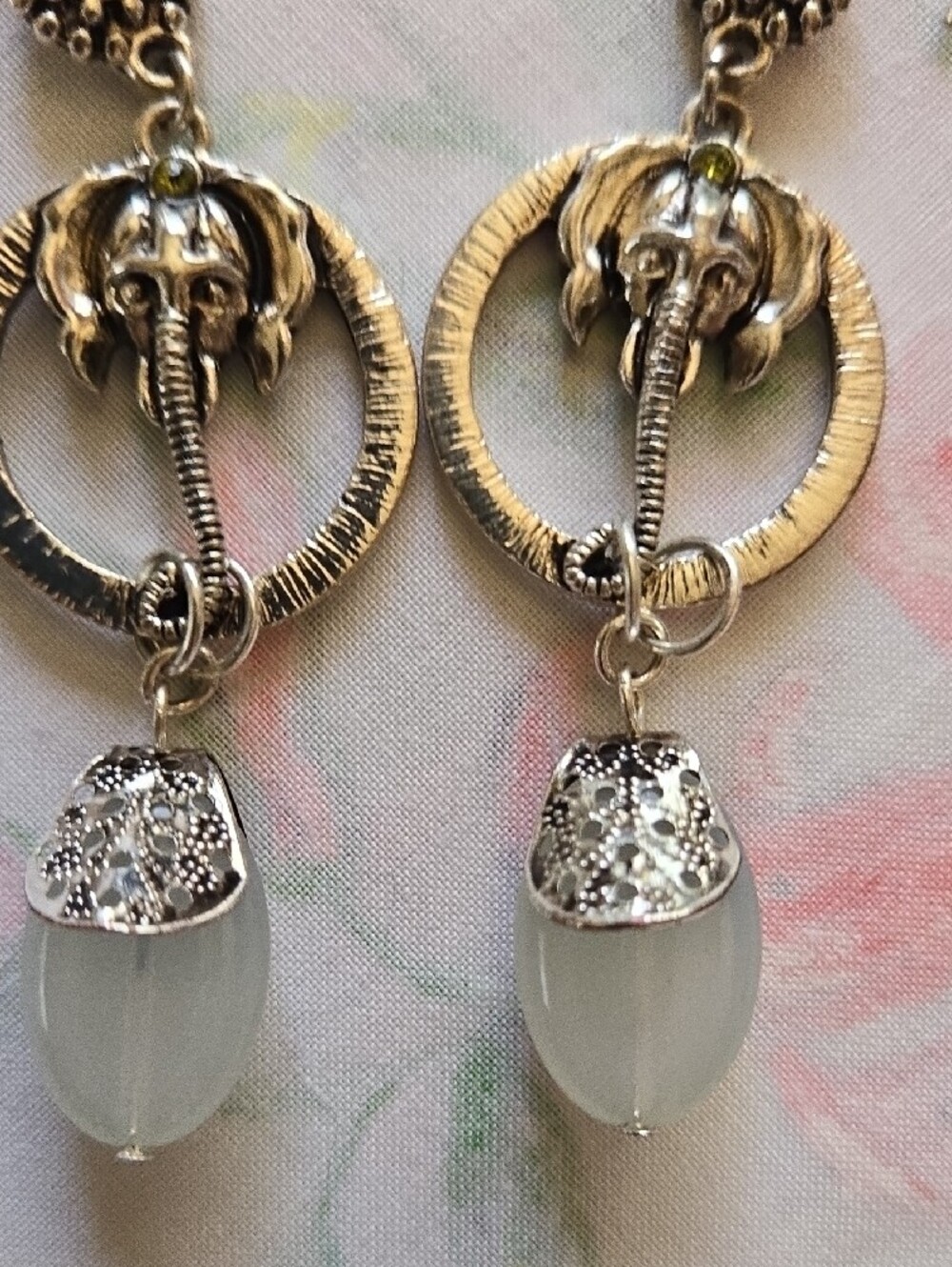 Silver Elephant Hoop Drop Earrings with Pale Blue Gem - Picture 4 of 8